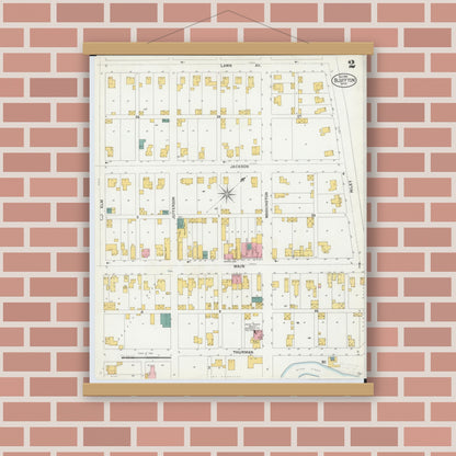 Old map wall art mockup — magnetic wood frame on brick wall — Sanborn Fire Insurance Map from Bluffton, Allen County, Ohio (1901), Sheet #0002