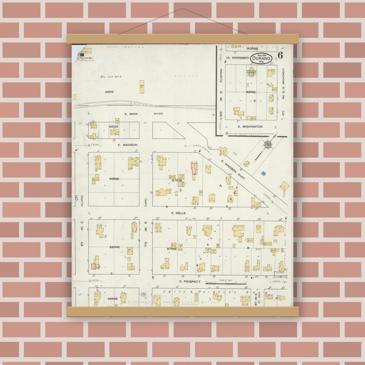 Old map wall art mockup — magnetic wood frame on brick wall — Sanborn Fire Insurance Map from Durand, Pepin County, Wisconsin (1916), Sheet #0006