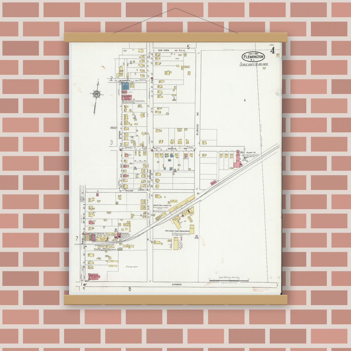Old map wall art mockup — magnetic wood frame on brick wall — Sanborn Fire Insurance Map from Flemington, Hunterdon County, New Jersey (1921), Sheet #0004