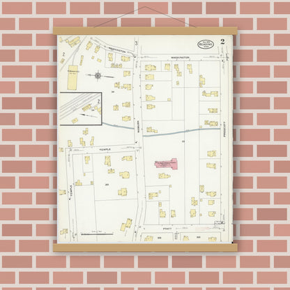 Old map wall art mockup — magnetic wood frame on brick wall — Sanborn Fire Insurance Map from Reading, Middlesex County, Massachusetts (1909), Sheet #0002