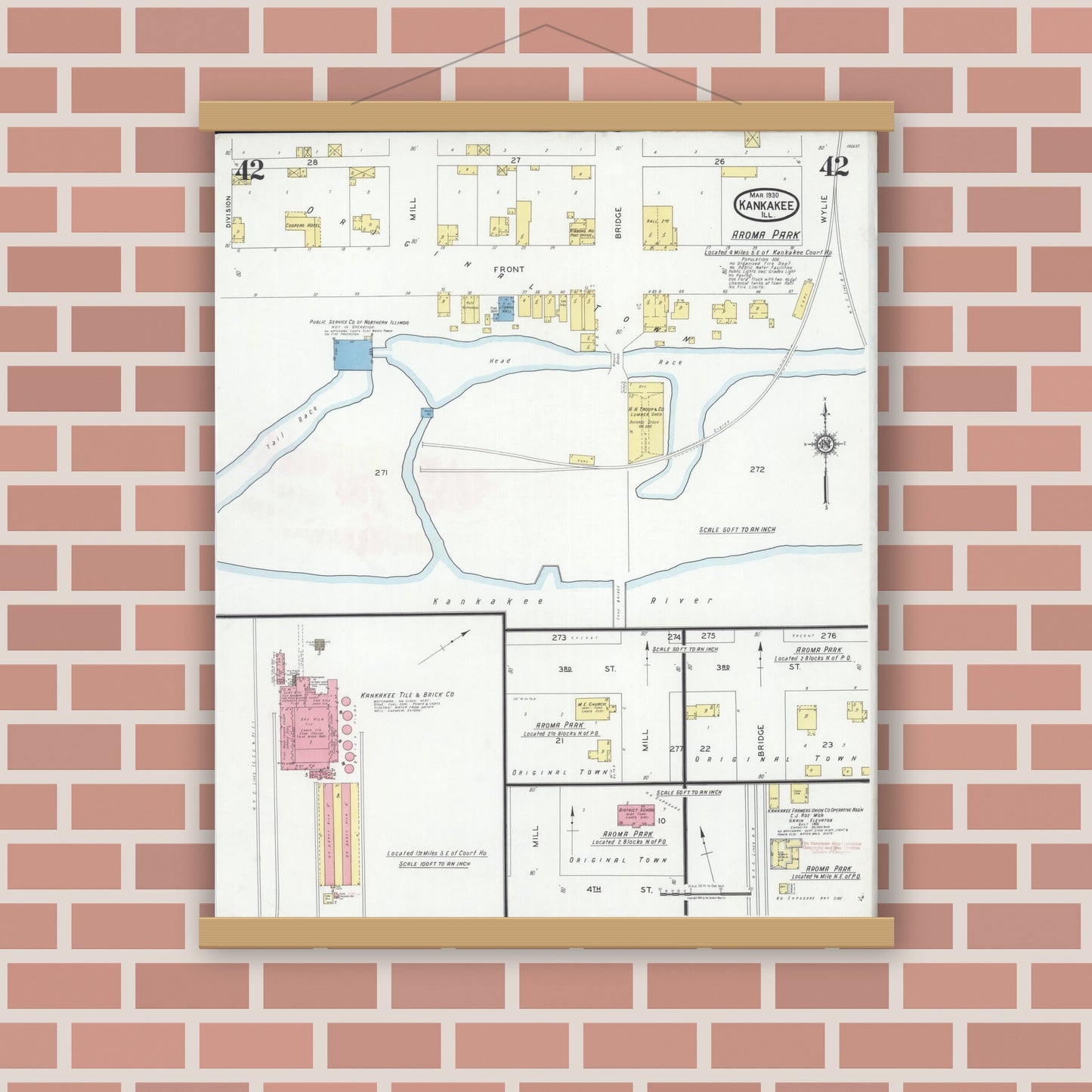Old map wall art mockup — magnetic wood frame on brick wall — Sanborn Fire Insurance Map from Kankakee, Kankakee County, Illinois (1930), Sheet #0042