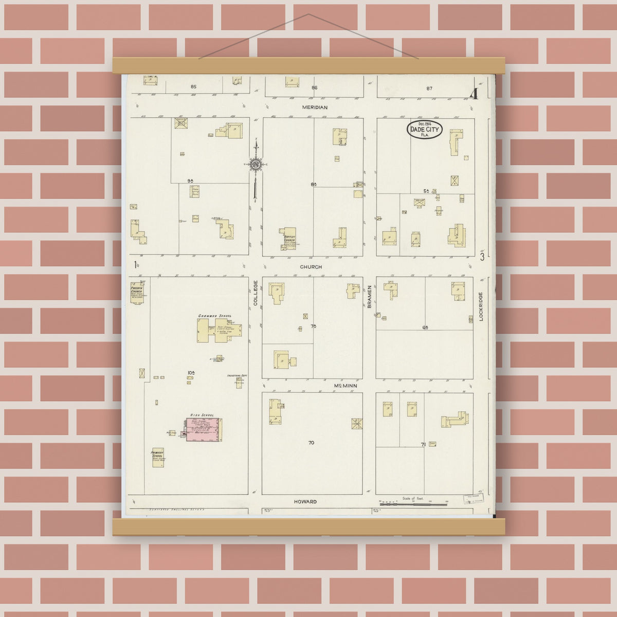 Old map wall art mockup — magnetic wood frame on brick wall — Sanborn Fire Insurance Map from Dade City, Pasco County, Florida (1914), Sheet #0004