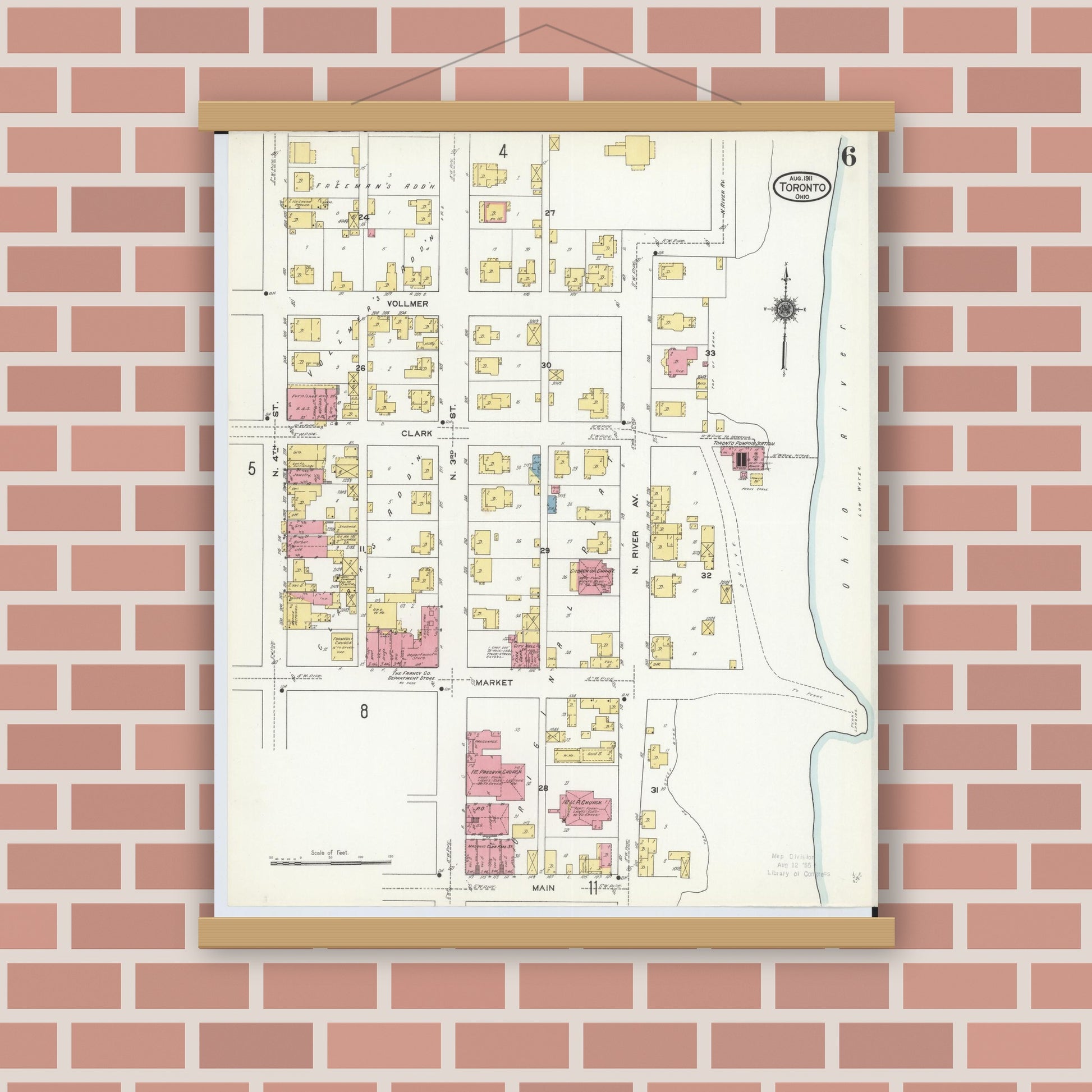 Old map wall art mockup — magnetic wood frame on brick wall — Sanborn Fire Insurance Map from Toronto, Jefferson County, Ohio (1911), Sheet #0006