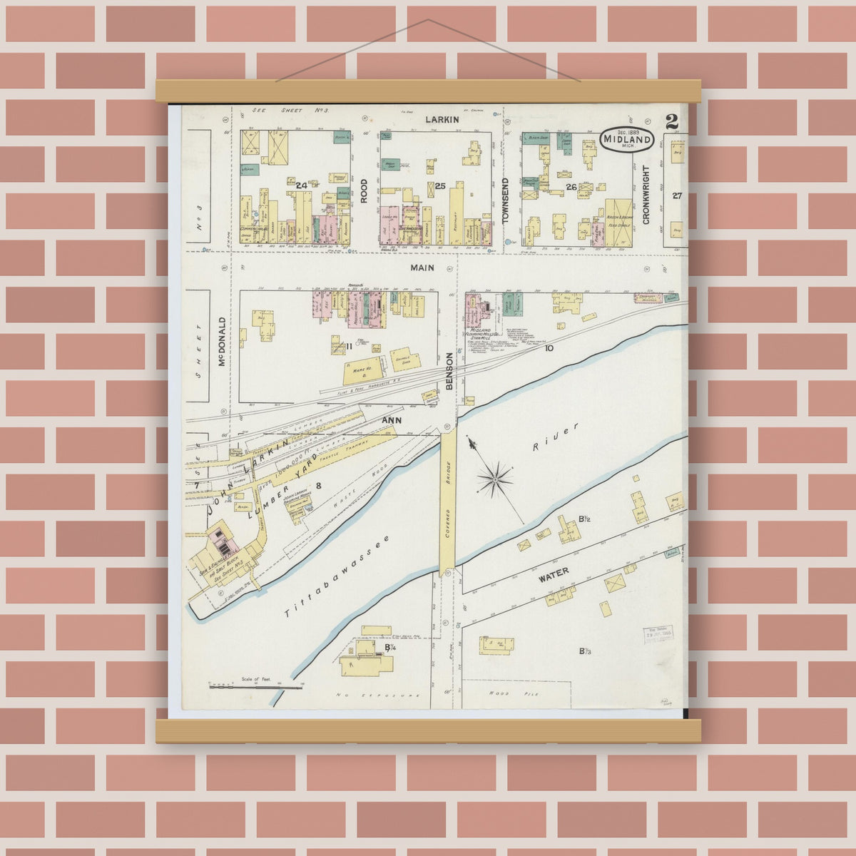 Old map wall art mockup — magnetic wood frame on brick wall — Sanborn Fire Insurance Map from Midland, Midland County, Michigan (1889), Sheet #0002