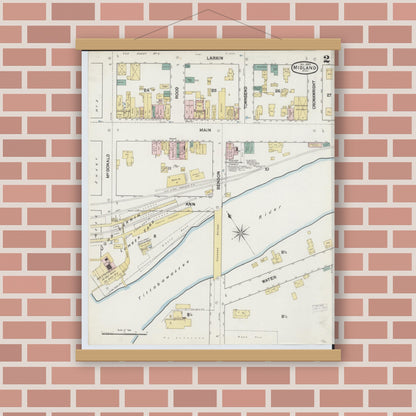 Old map wall art mockup — magnetic wood frame on brick wall — Sanborn Fire Insurance Map from Midland, Midland County, Michigan (1889), Sheet #0002