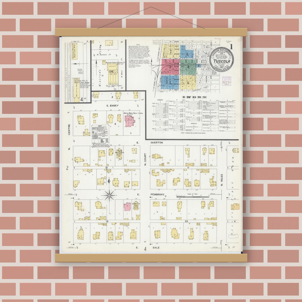 Old map wall art mockup — magnetic wood frame on brick wall — Sanborn Fire Insurance Map from Tuscola, Douglas County, Illinois (1907), Sheet #0001