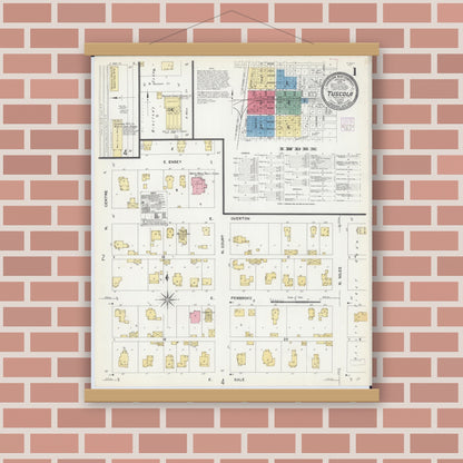 Old map wall art mockup — magnetic wood frame on brick wall — Sanborn Fire Insurance Map from Tuscola, Douglas County, Illinois (1907), Sheet #0001