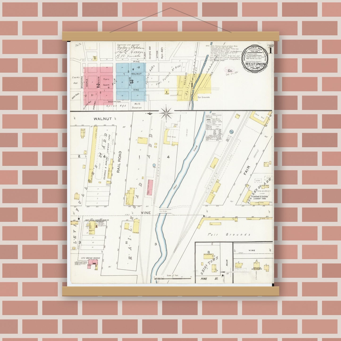 Old map wall art mockup — magnetic wood frame on brick wall — Sanborn Fire Insurance Map from West Union, Fayette County, Iowa (1894) â€” Complete Set