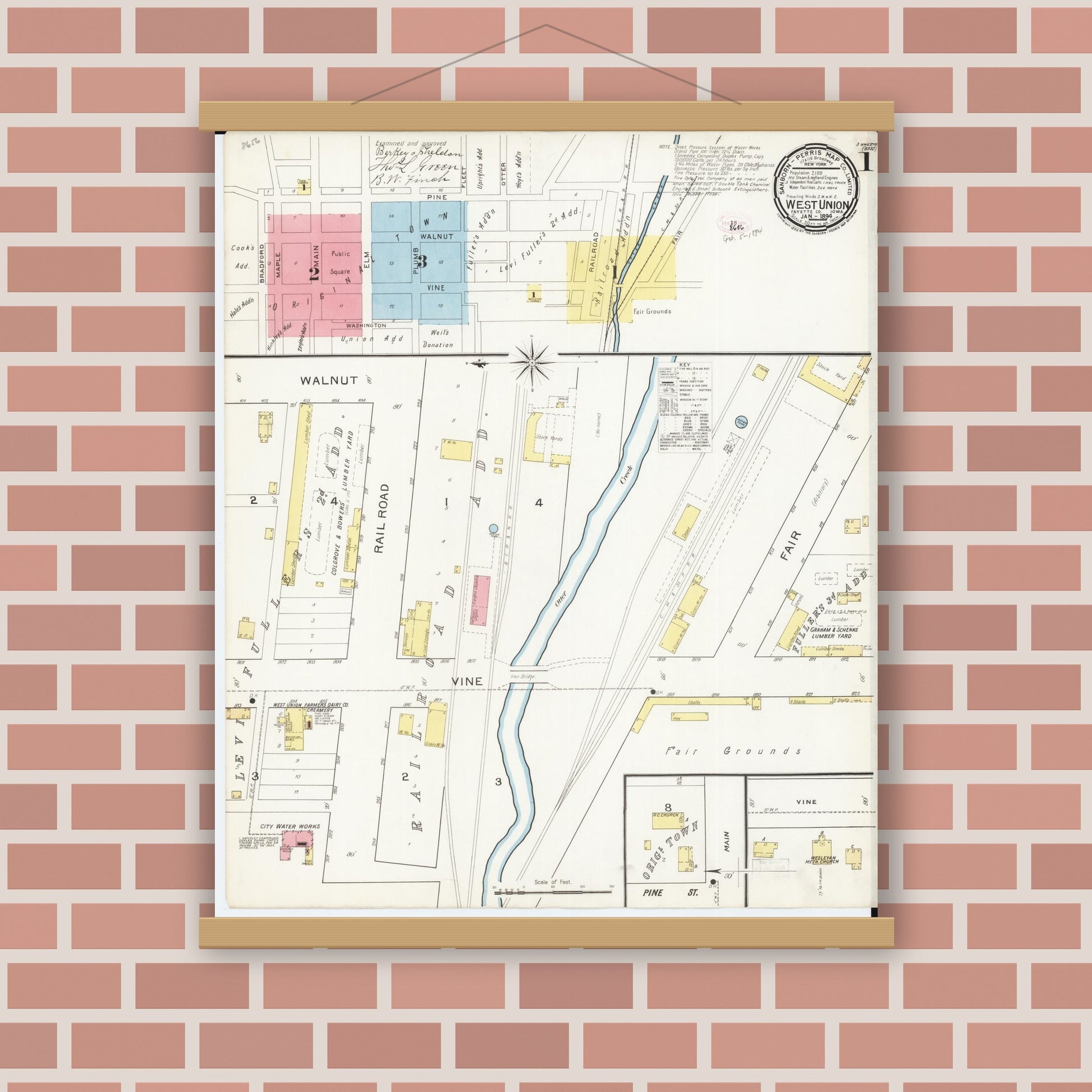 Old map wall art mockup — magnetic wood frame on brick wall — Sanborn Fire Insurance Map from West Union, Fayette County, Iowa (1894) â€” Complete Set