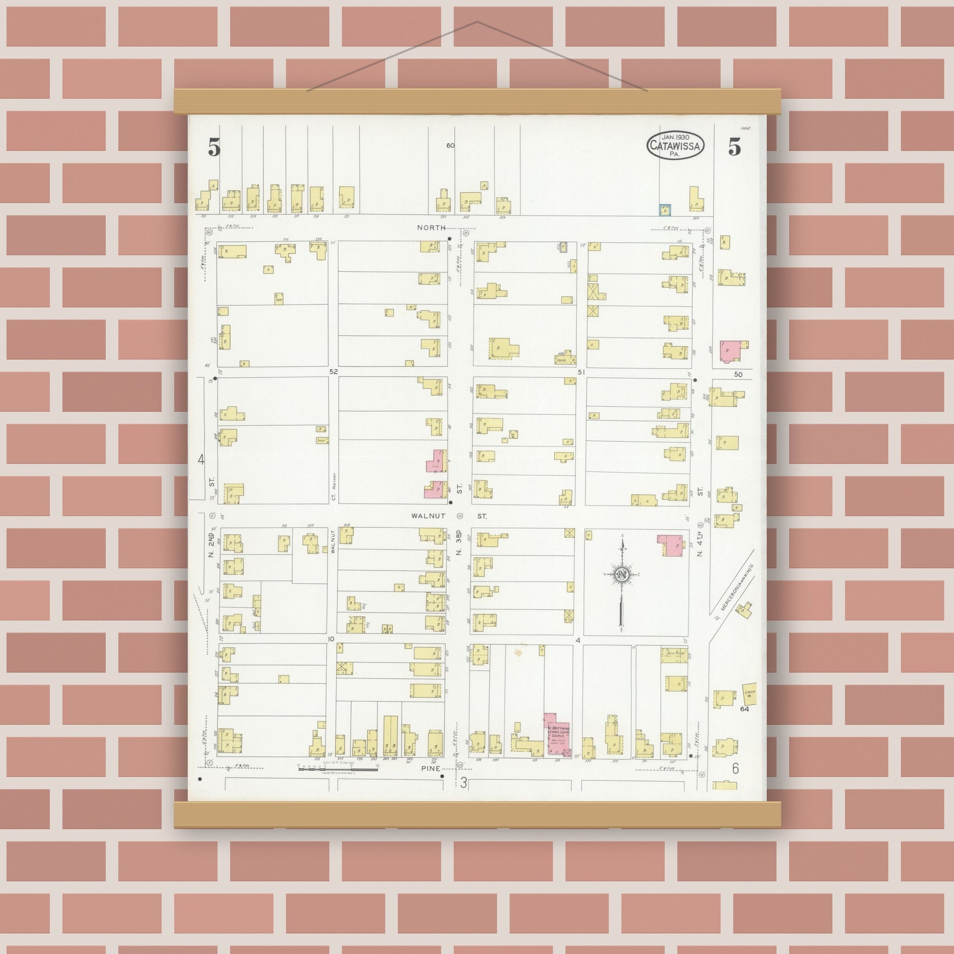 Old map wall art mockup — magnetic wood frame on brick wall — Sanborn Fire Insurance Map from Catawissa, Columbia County, Pennsylvania (1930), Sheet #0005
