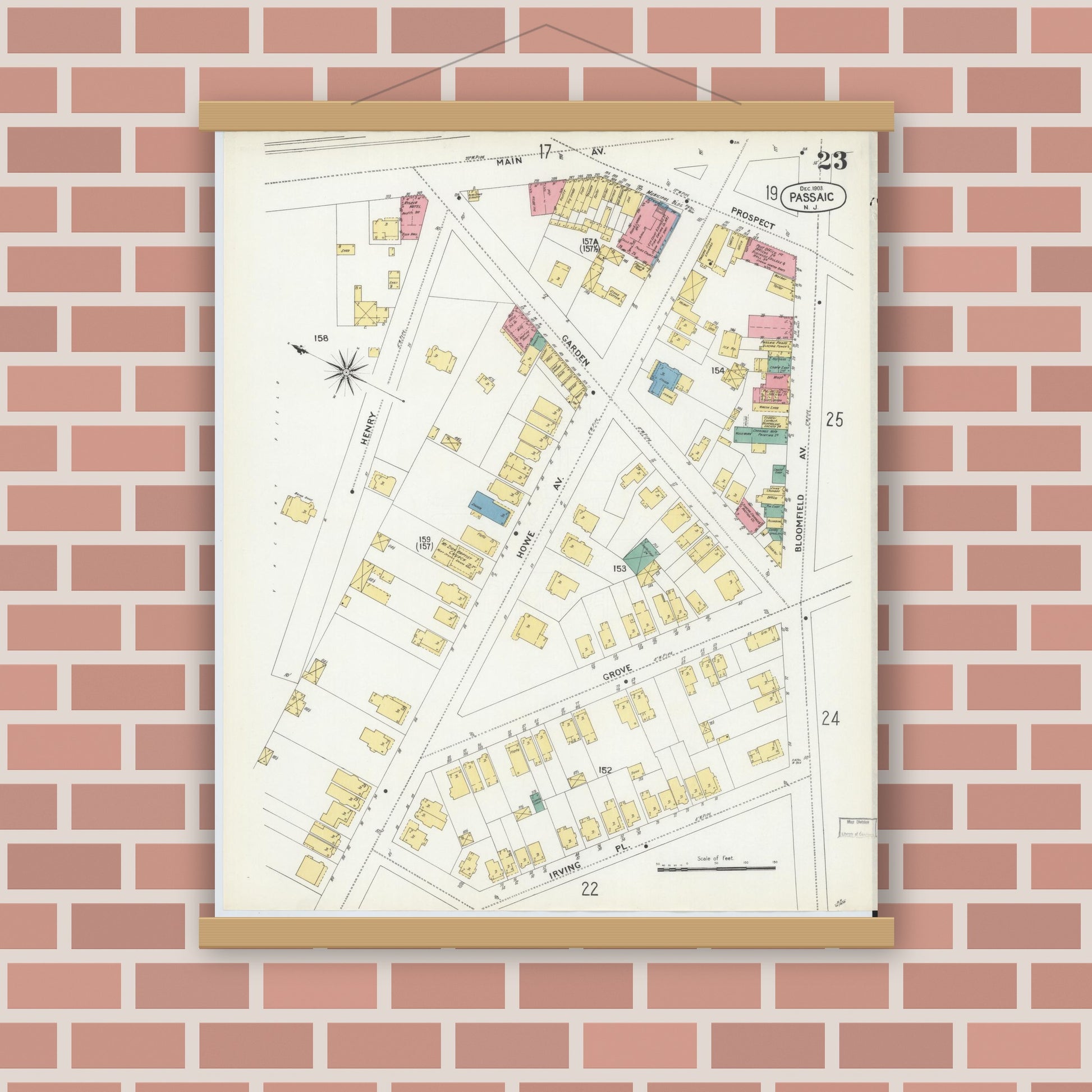 Old map wall art mockup — magnetic wood frame on brick wall — Sanborn Fire Insurance Map from Passaic, Passaic County, New Jersey (1903), Sheet #0023