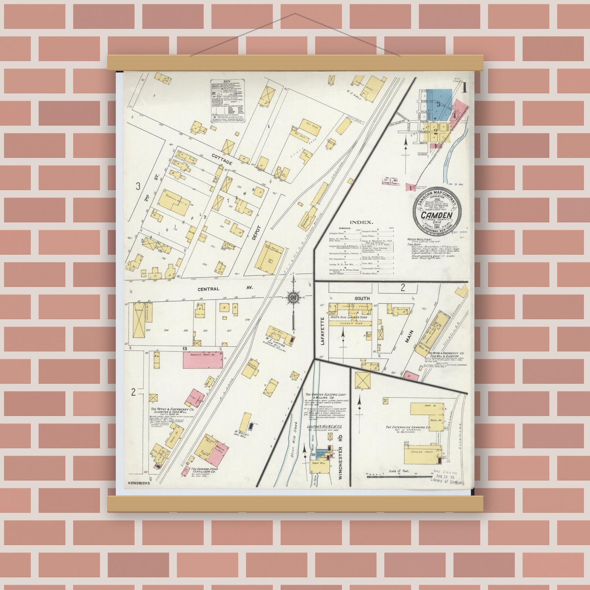 Old map wall art mockup — magnetic wood frame on brick wall — Sanborn Fire Insurance Map from Camden, Preble County, Ohio (1911) - Complete Map Set