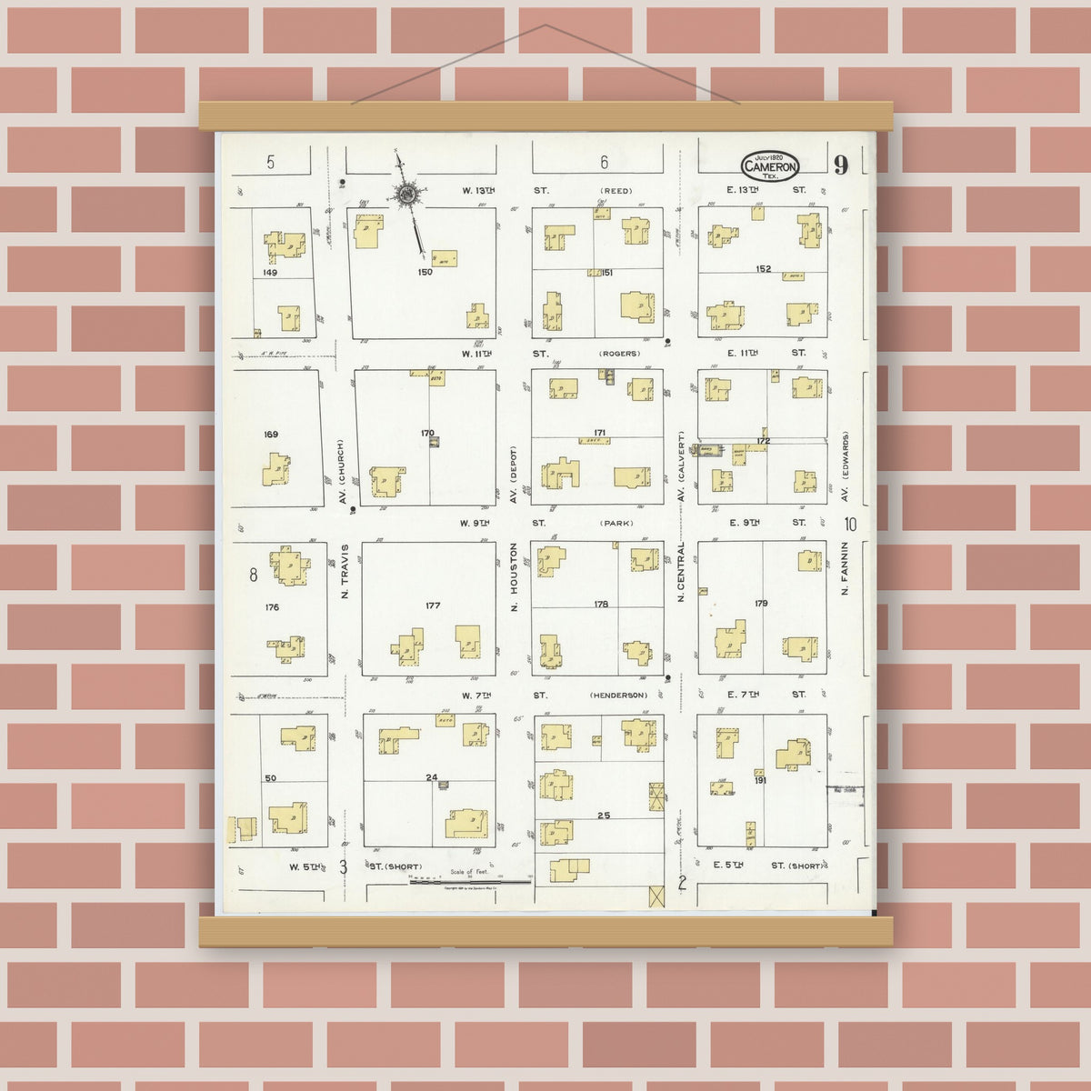 Old map wall art mockup — magnetic wood frame on brick wall — Sanborn Fire Insurance Map from Cameron, Milam County, Texas (1920), Sheet #0009