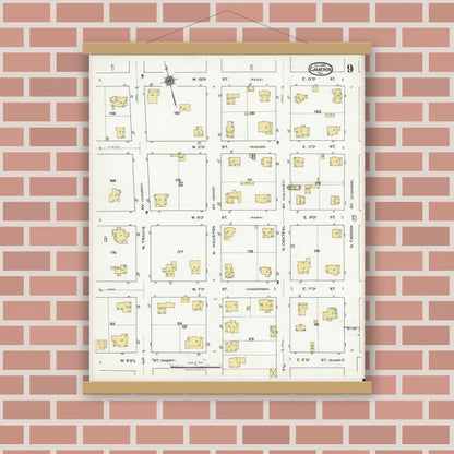 Old map wall art mockup — magnetic wood frame on brick wall — Sanborn Fire Insurance Map from Cameron, Milam County, Texas (1920), Sheet #0009