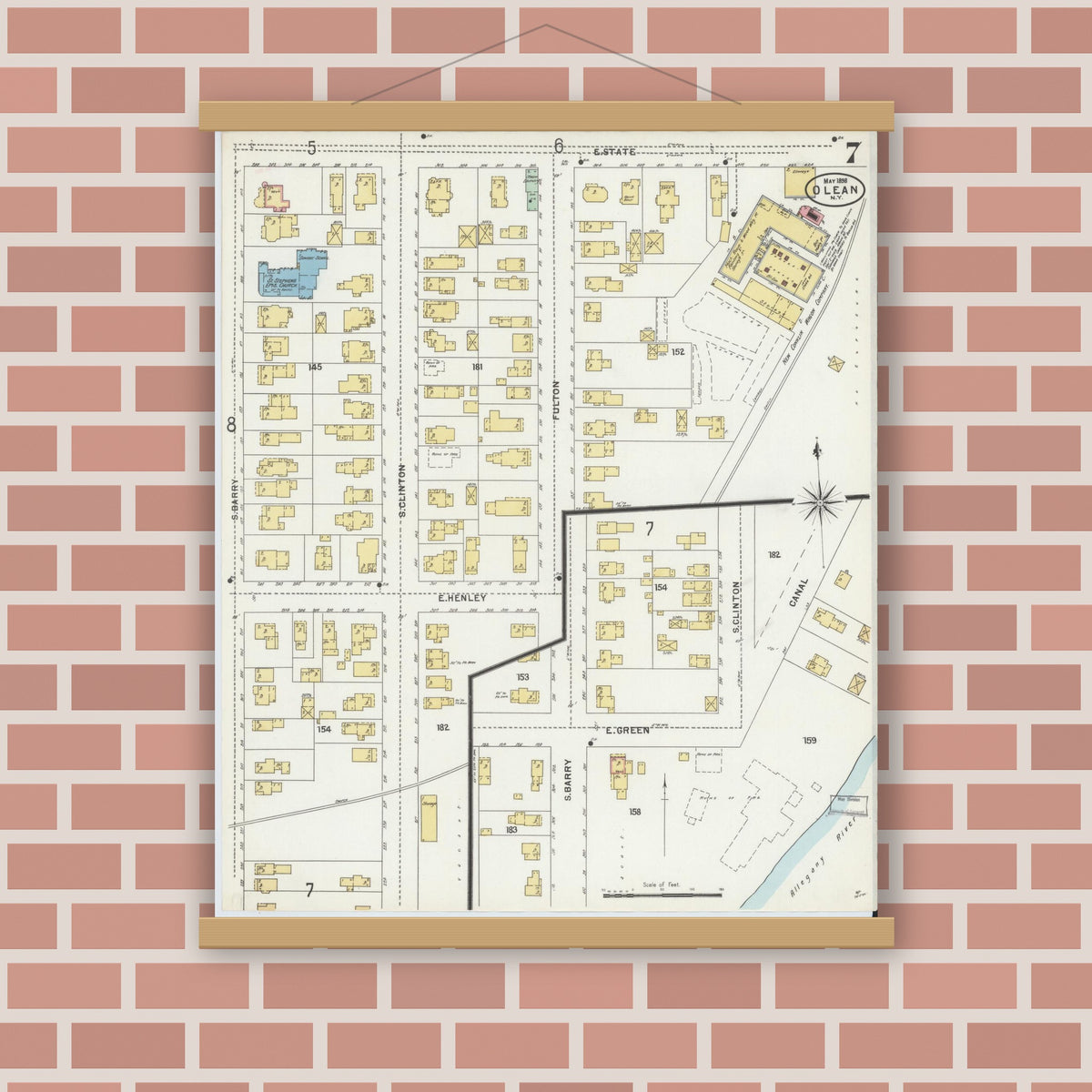 Old map wall art mockup — magnetic wood frame on brick wall — Sanborn Fire Insurance Map from Olean, Cattaraugus County, New York (1898), Sheet #0007