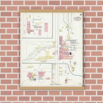 Old map wall art mockup — magnetic wood frame on brick wall — Sanborn Fire Insurance Map from Peru, Miami County, Indiana (1893), Sheet #0008