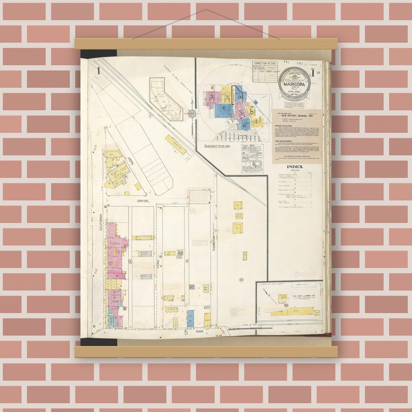 Old map wall art mockup — magnetic wood frame on brick wall — Sanborn Fire Insurance Map from Maricopa, Kern County, California (1942) - Complete Map Set