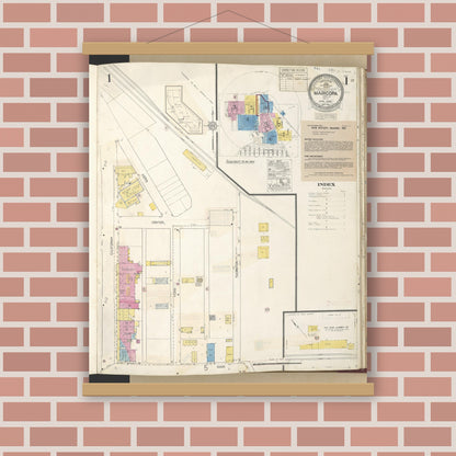 Old map wall art mockup — magnetic wood frame on brick wall — Sanborn Fire Insurance Map from Maricopa, Kern County, California (1942) - Complete Map Set