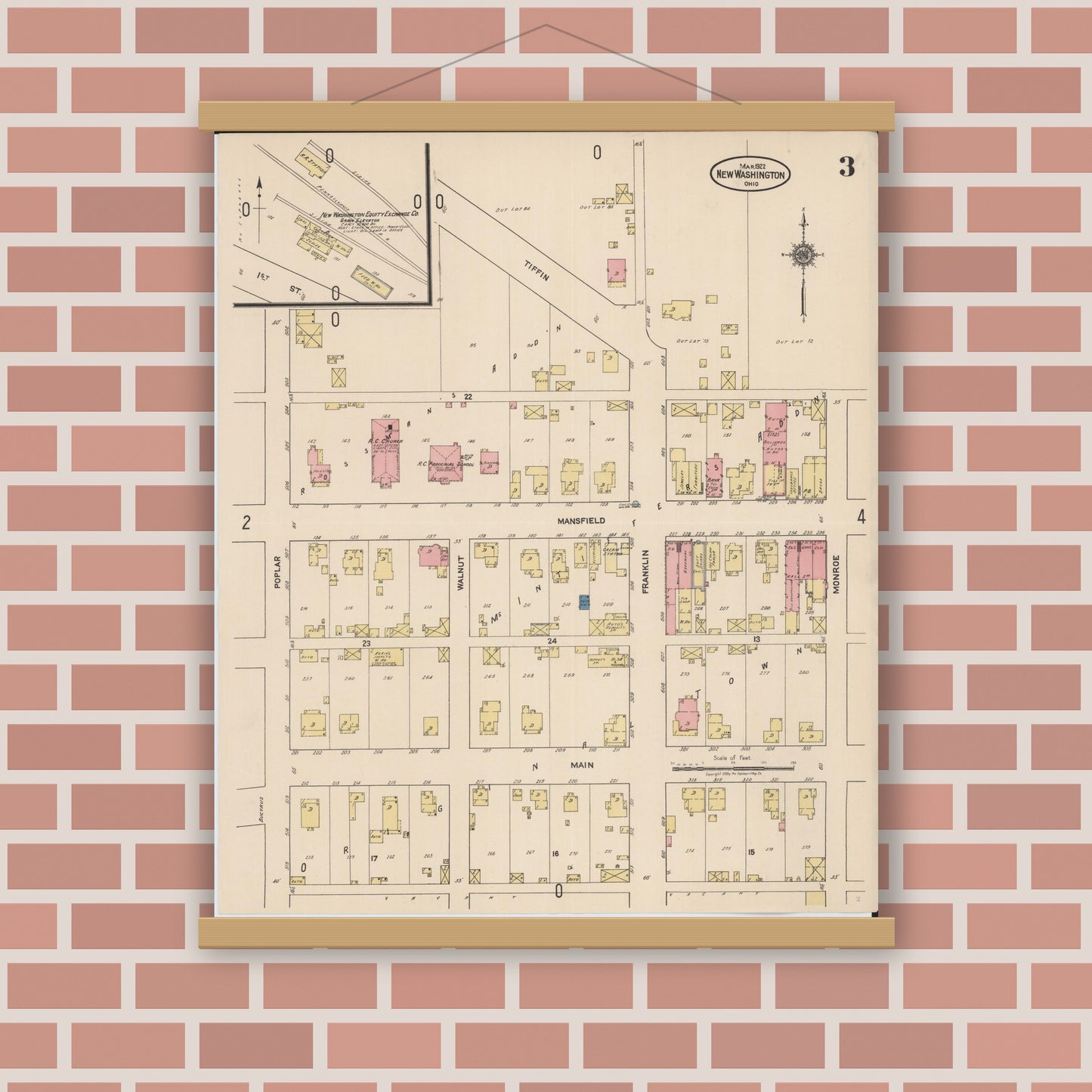 Old map wall art mockup — magnetic wood frame on brick wall — Sanborn Fire Insurance Map from New Washington, Crawford County, Ohio (1922), Sheet #0003