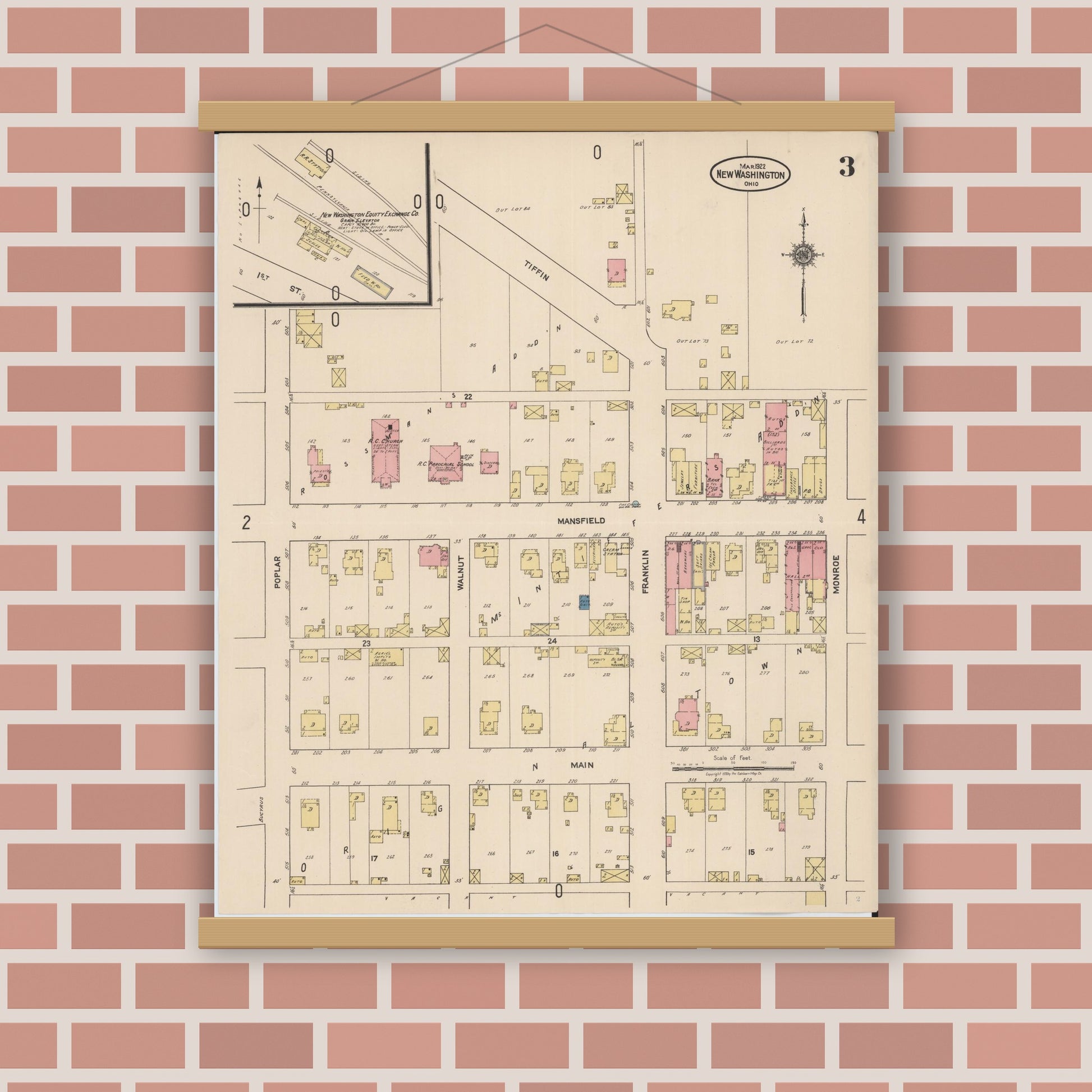 Old map wall art mockup — magnetic wood frame on brick wall — Sanborn Fire Insurance Map from New Washington, Crawford County, Ohio (1922), Sheet #0003