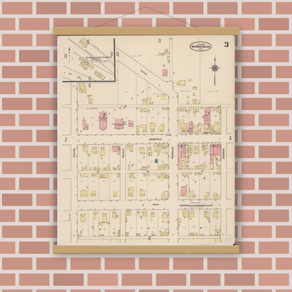 Old map wall art mockup — magnetic wood frame on brick wall — Sanborn Fire Insurance Map from New Washington, Crawford County, Ohio (1922), Sheet #0003