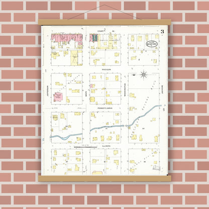 Old map wall art mockup — magnetic wood frame on brick wall — Sanborn Fire Insurance Map from Bedford, Taylor County, Iowa (1909), Sheet #0003