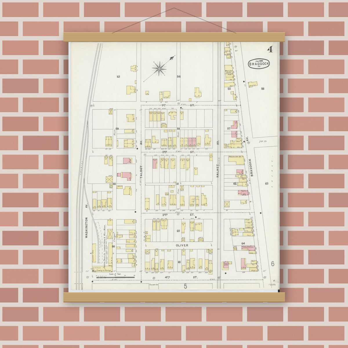 Old map wall art mockup — magnetic wood frame on brick wall — Sanborn Fire Insurance Map from Braddock, Allegheny County, Pennsylvania (1896), Sheet #0004