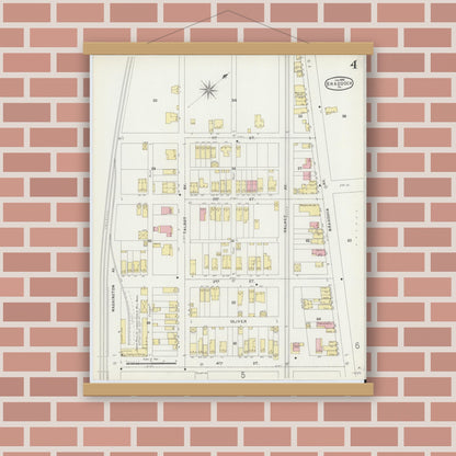 Old map wall art mockup — magnetic wood frame on brick wall — Sanborn Fire Insurance Map from Braddock, Allegheny County, Pennsylvania (1896), Sheet #0004