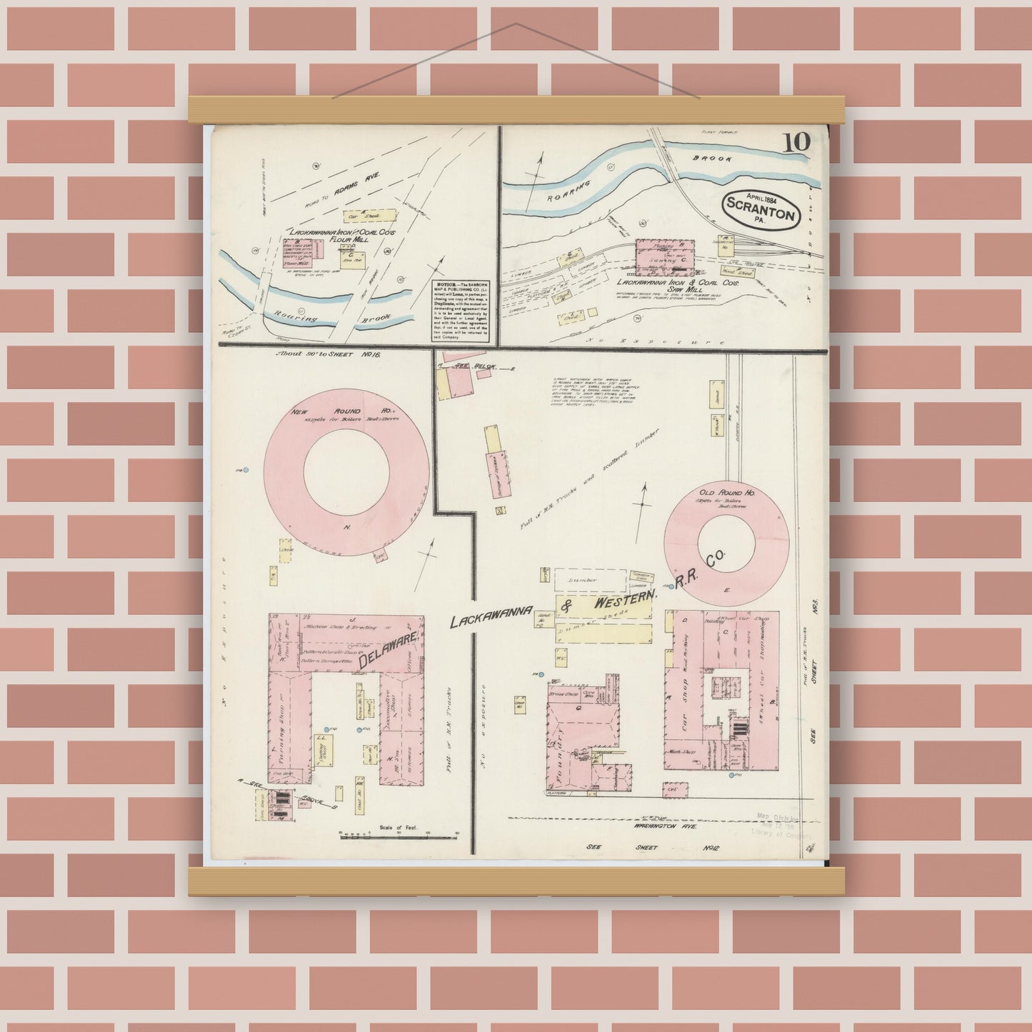Old map wall art mockup — magnetic wood frame on brick wall — Sanborn Fire Insurance Map from Scranton, Lackawanna County, Pennsylvania (1884), Sheet #0010