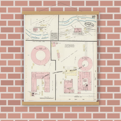 Old map wall art mockup — magnetic wood frame on brick wall — Sanborn Fire Insurance Map from Scranton, Lackawanna County, Pennsylvania (1884), Sheet #0010