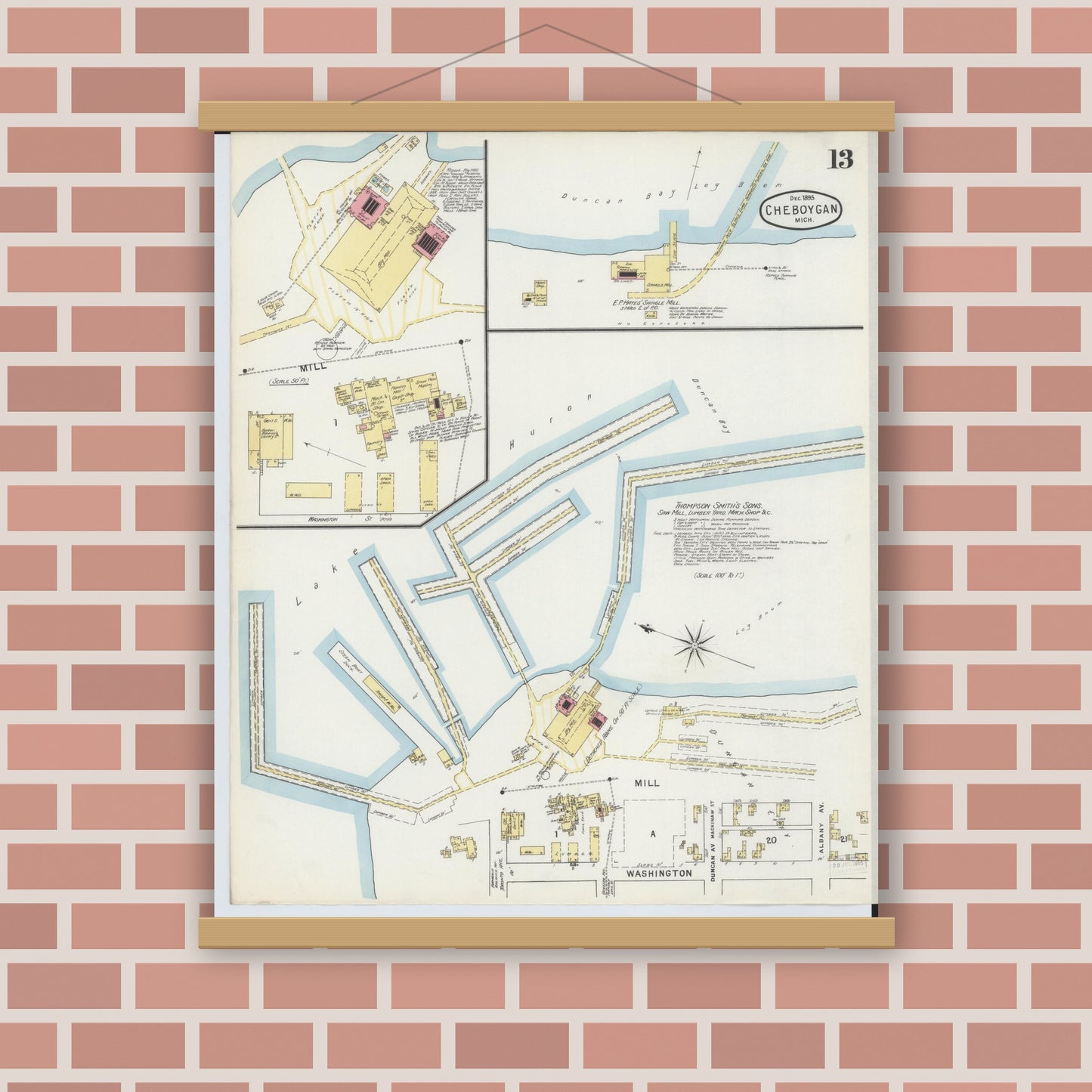Old map wall art mockup — magnetic wood frame on brick wall — Sanborn Fire Insurance Map from Cheboygan, Cheboygan County, Michigan (1895), Sheet #0013
