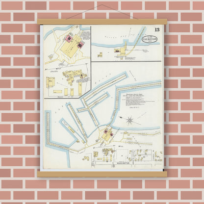 Old map wall art mockup — magnetic wood frame on brick wall — Sanborn Fire Insurance Map from Cheboygan, Cheboygan County, Michigan (1895), Sheet #0013