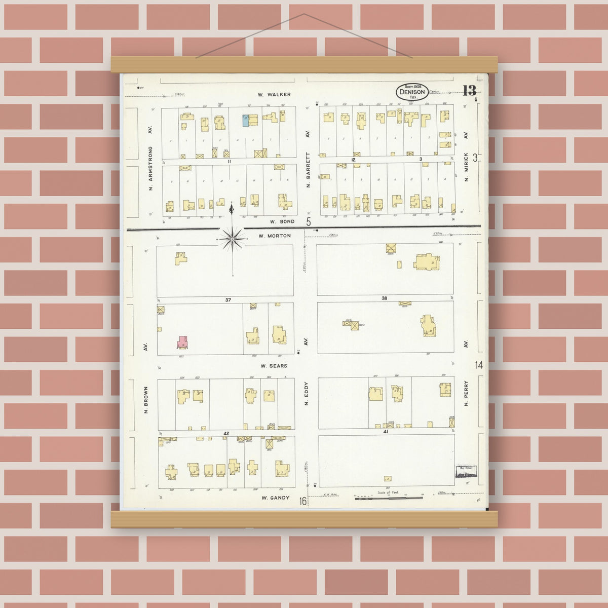 Old map wall art mockup — magnetic wood frame on brick wall — Sanborn Fire Insurance Map from Denison, Grayson County, Texas (1908), Sheet #0013