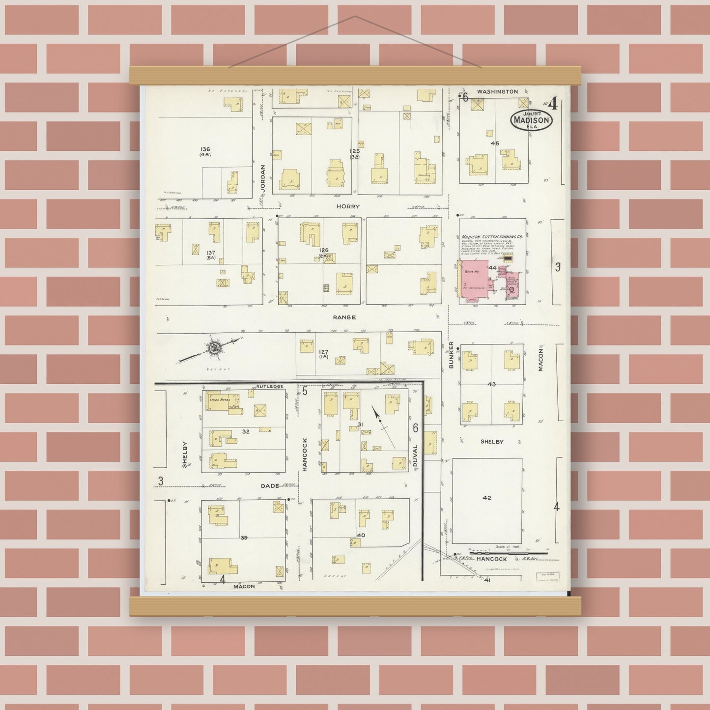 Old map wall art mockup — magnetic wood frame on brick wall — Sanborn Fire Insurance Map from Madison, Madison County, Florida (1917), Sheet #0004