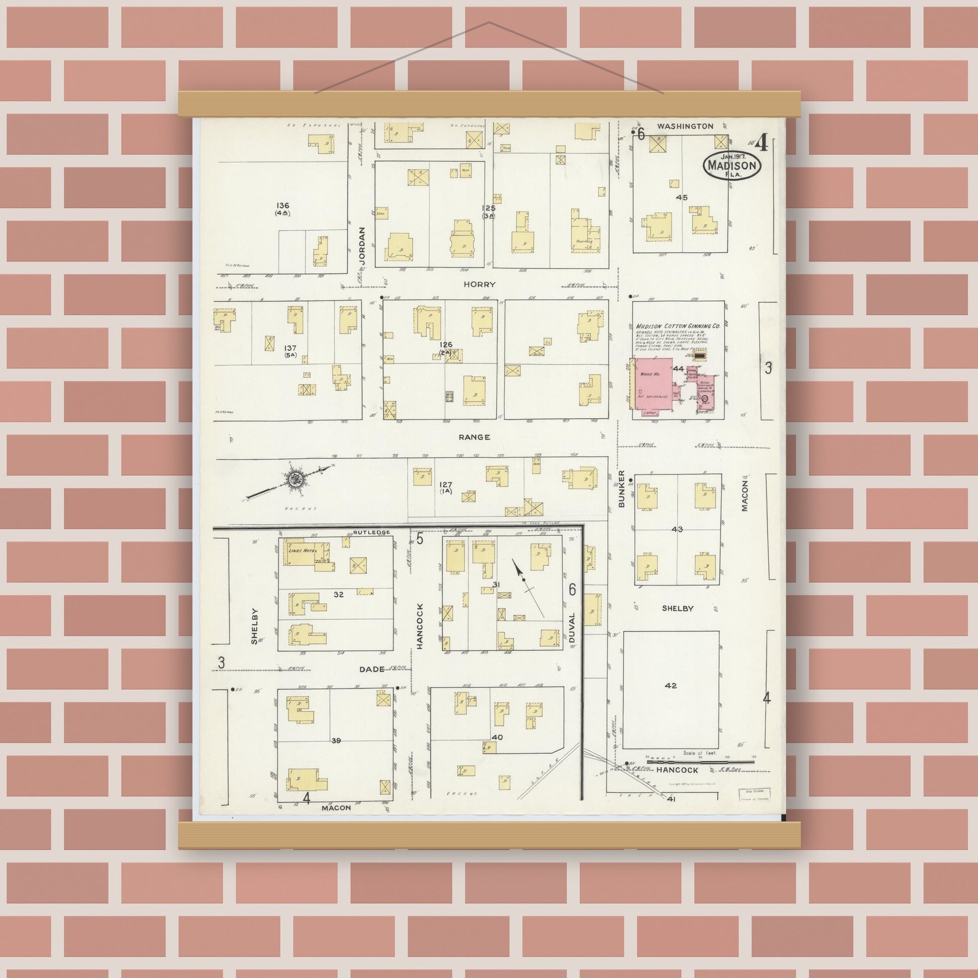 Old map wall art mockup — magnetic wood frame on brick wall — Sanborn Fire Insurance Map from Madison, Madison County, Florida (1917), Sheet #0004