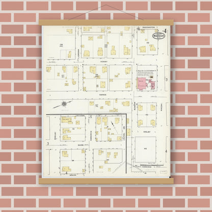 Old map wall art mockup — magnetic wood frame on brick wall — Sanborn Fire Insurance Map from Madison, Madison County, Florida (1917), Sheet #0004
