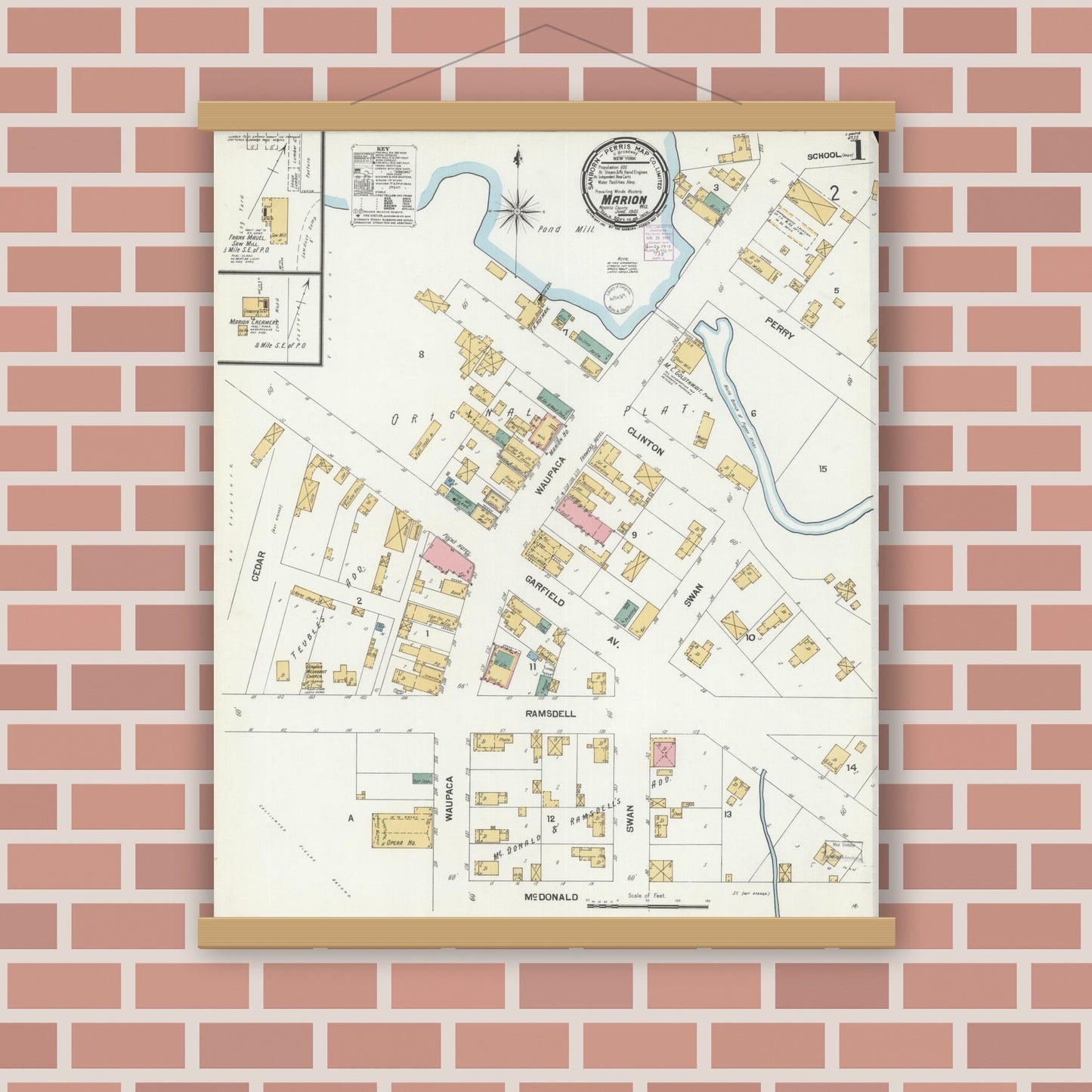 Old map wall art mockup — magnetic wood frame on brick wall — Sanborn Fire Insurance Map from Marion, Waupaca County, Wisconsin (1901), Sheet #0001