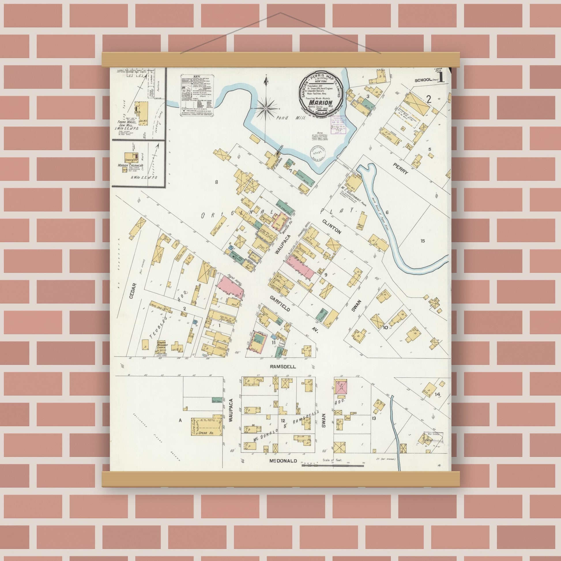 Old map wall art mockup — magnetic wood frame on brick wall — Sanborn Fire Insurance Map from Marion, Waupaca County, Wisconsin (1901), Sheet #0001