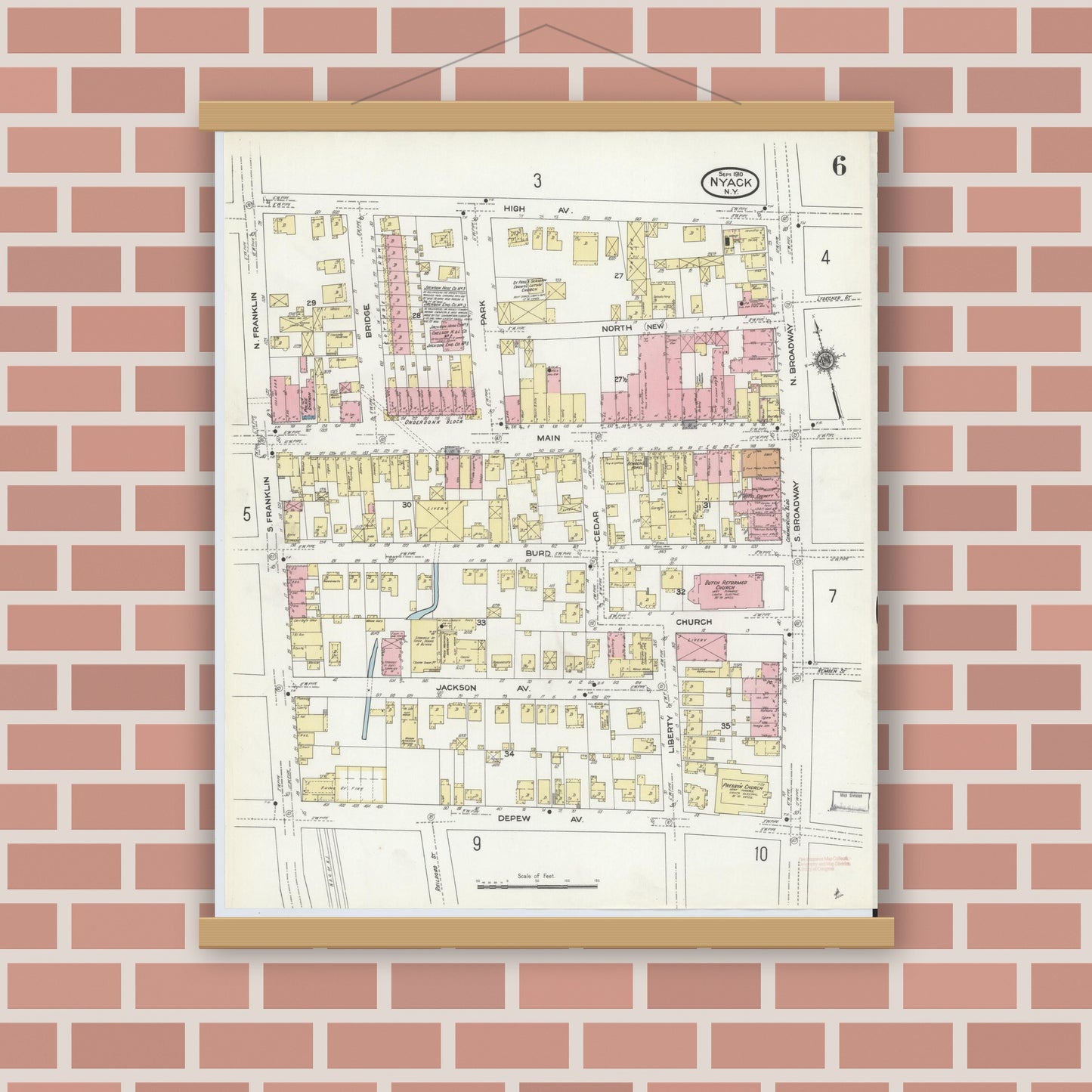 Old map wall art mockup — magnetic wood frame on brick wall — Sanborn Fire Insurance Map from Nyack, Rockland County, New York. (1910), Sheet #0006