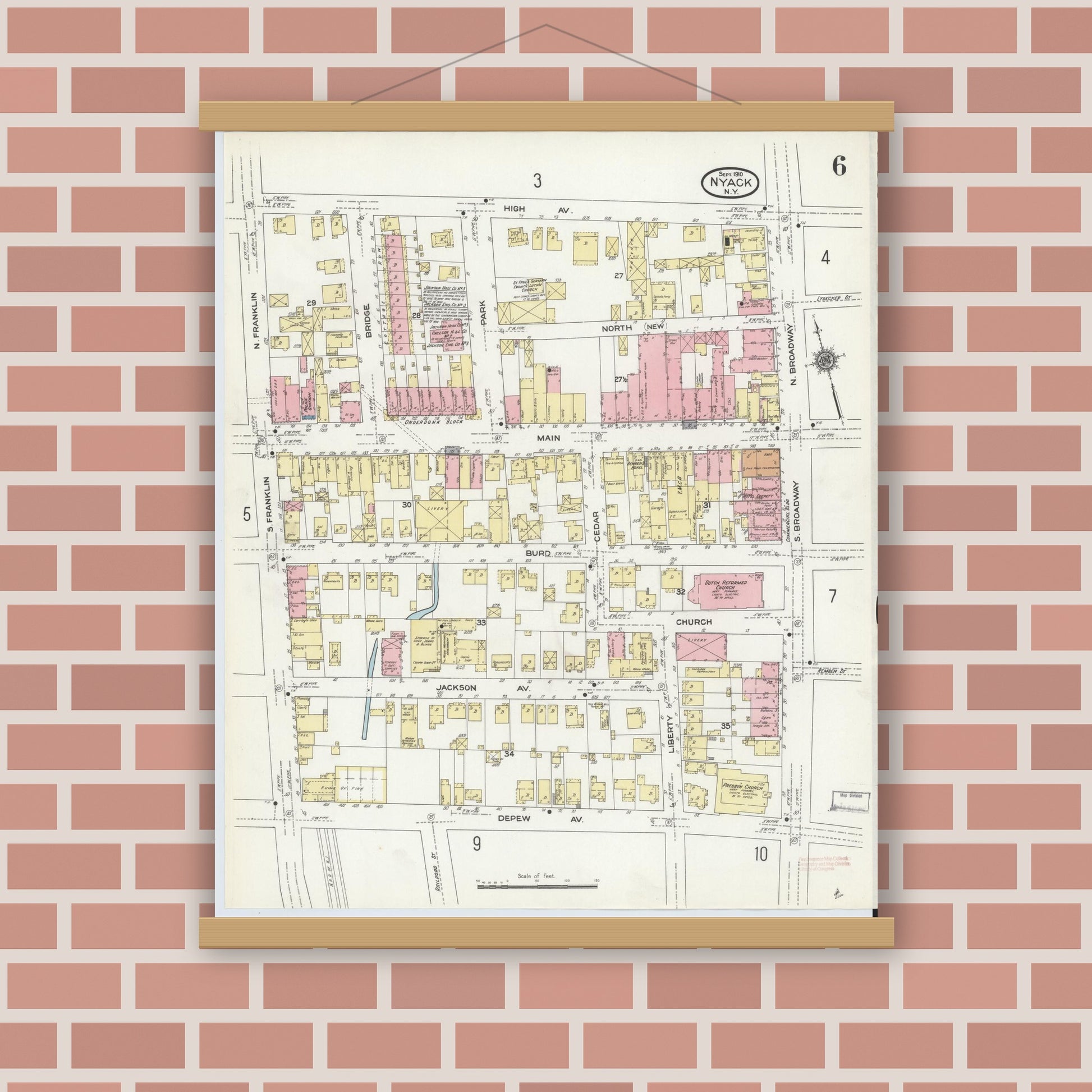 Old map wall art mockup — magnetic wood frame on brick wall — Sanborn Fire Insurance Map from Nyack, Rockland County, New York. (1910), Sheet #0006