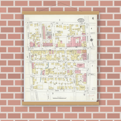 Old map wall art mockup — magnetic wood frame on brick wall — Sanborn Fire Insurance Map from Nyack, Rockland County, New York. (1910), Sheet #0006