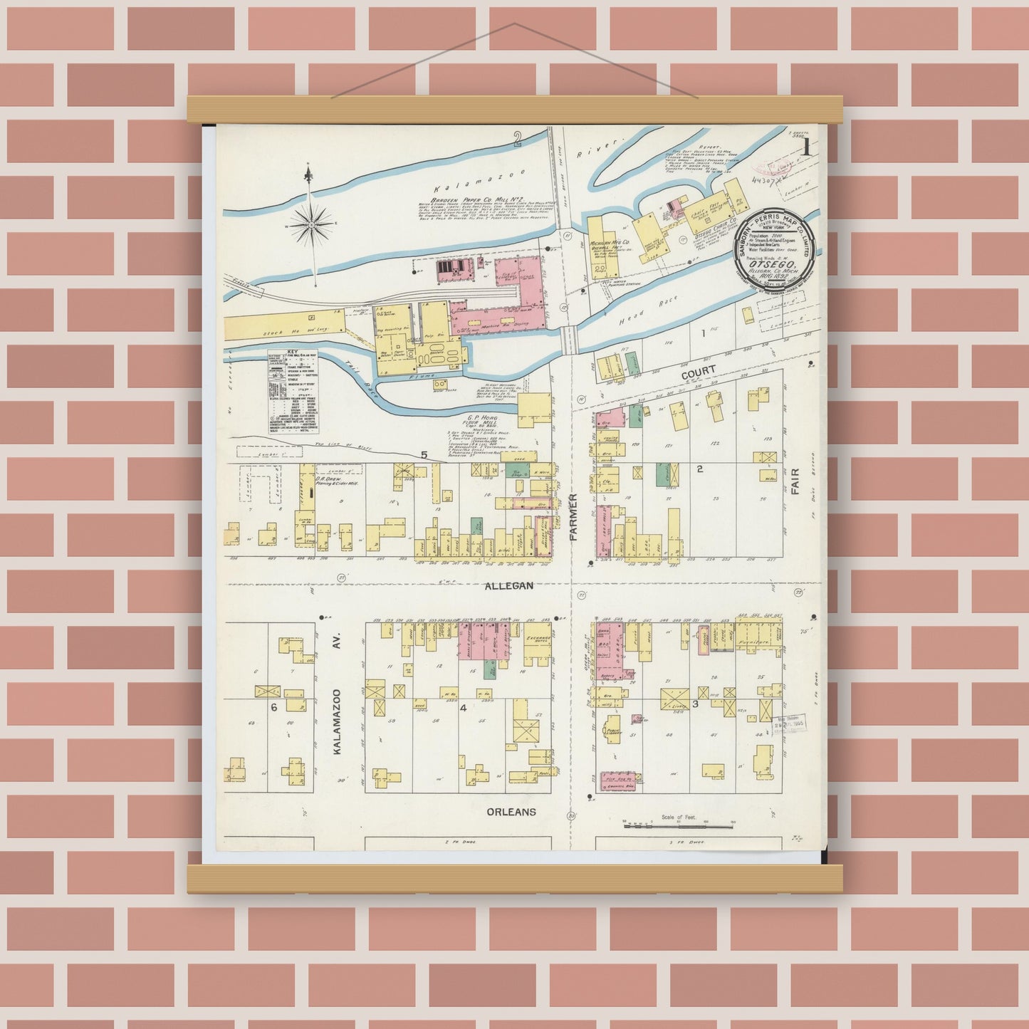 Old map wall art mockup — magnetic wood frame on brick wall — Sanborn Fire Insurance Map from Otsego, Allegan County, Michigan (1892), Sheet #0001