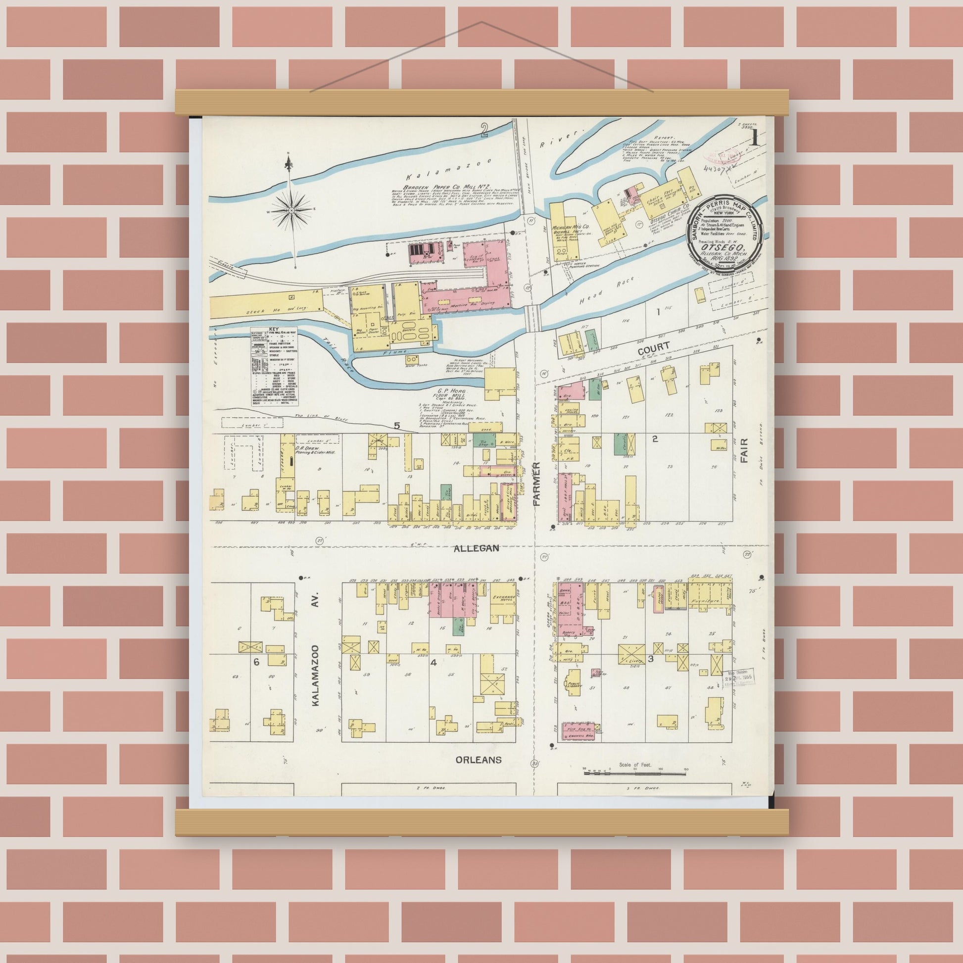 Old map wall art mockup — magnetic wood frame on brick wall — Sanborn Fire Insurance Map from Otsego, Allegan County, Michigan (1892), Sheet #0001