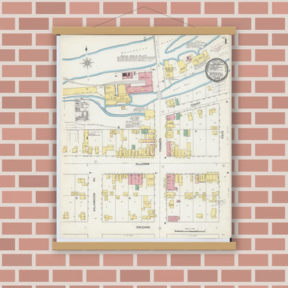 Old map wall art mockup — magnetic wood frame on brick wall — Sanborn Fire Insurance Map from Otsego, Allegan County, Michigan (1892), Sheet #0001