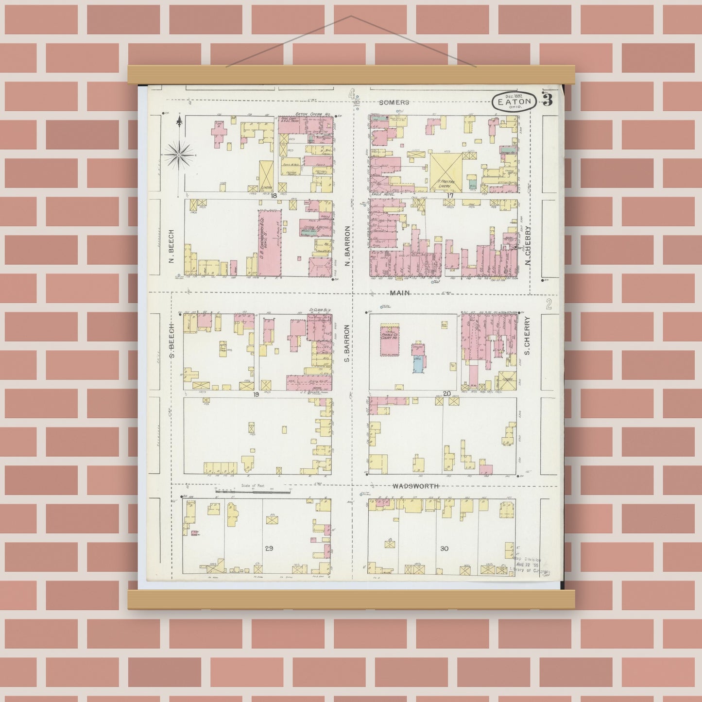 Old map wall art mockup — magnetic wood frame on brick wall — Sanborn Fire Insurance Map from Eaton, Preble County, Ohio (1892), Sheet #0003