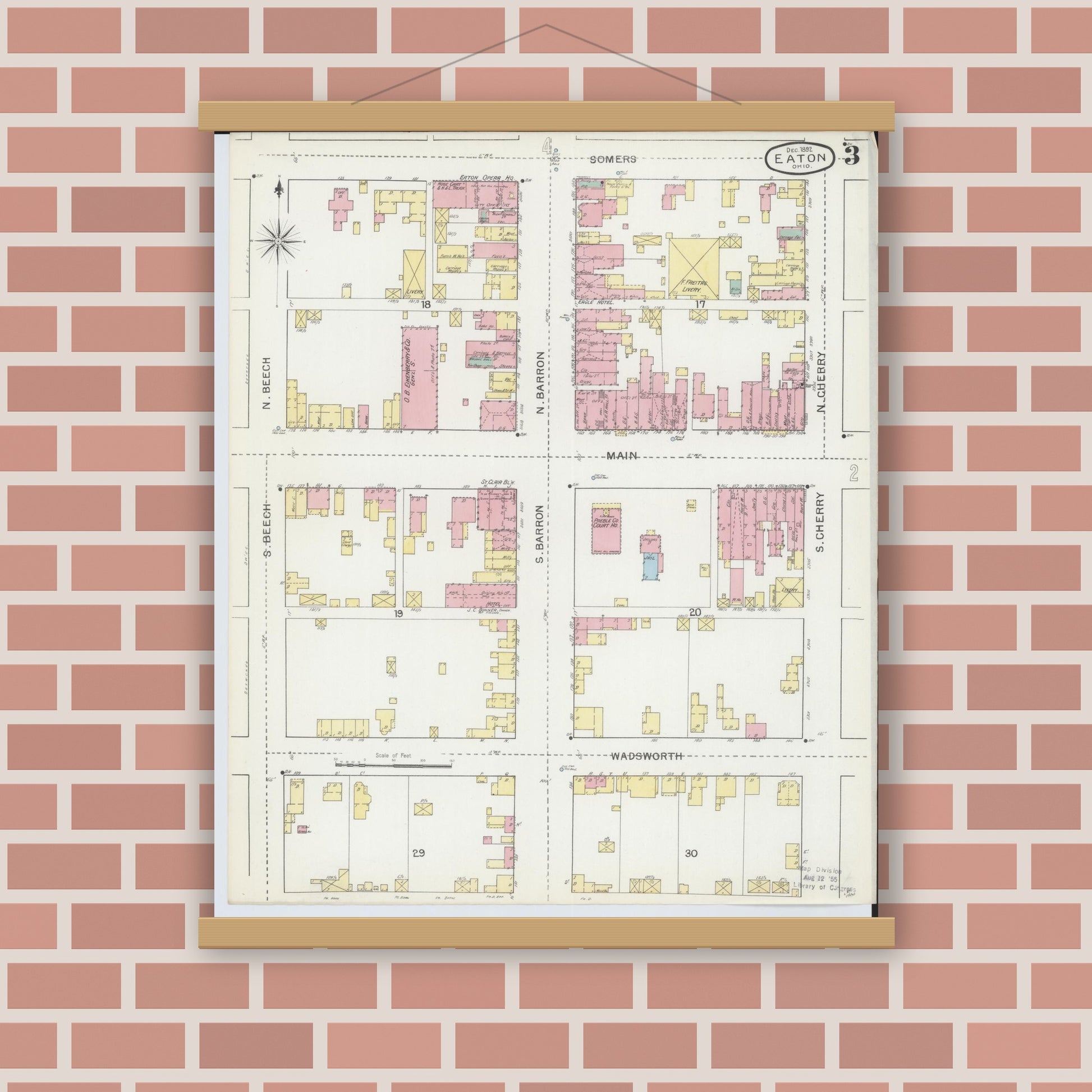 Old map wall art mockup — magnetic wood frame on brick wall — Sanborn Fire Insurance Map from Eaton, Preble County, Ohio (1892), Sheet #0003