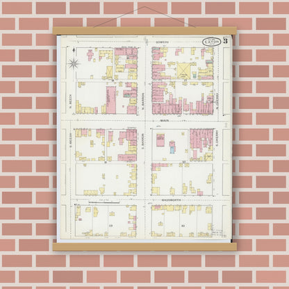 Old map wall art mockup — magnetic wood frame on brick wall — Sanborn Fire Insurance Map from Eaton, Preble County, Ohio (1892), Sheet #0003