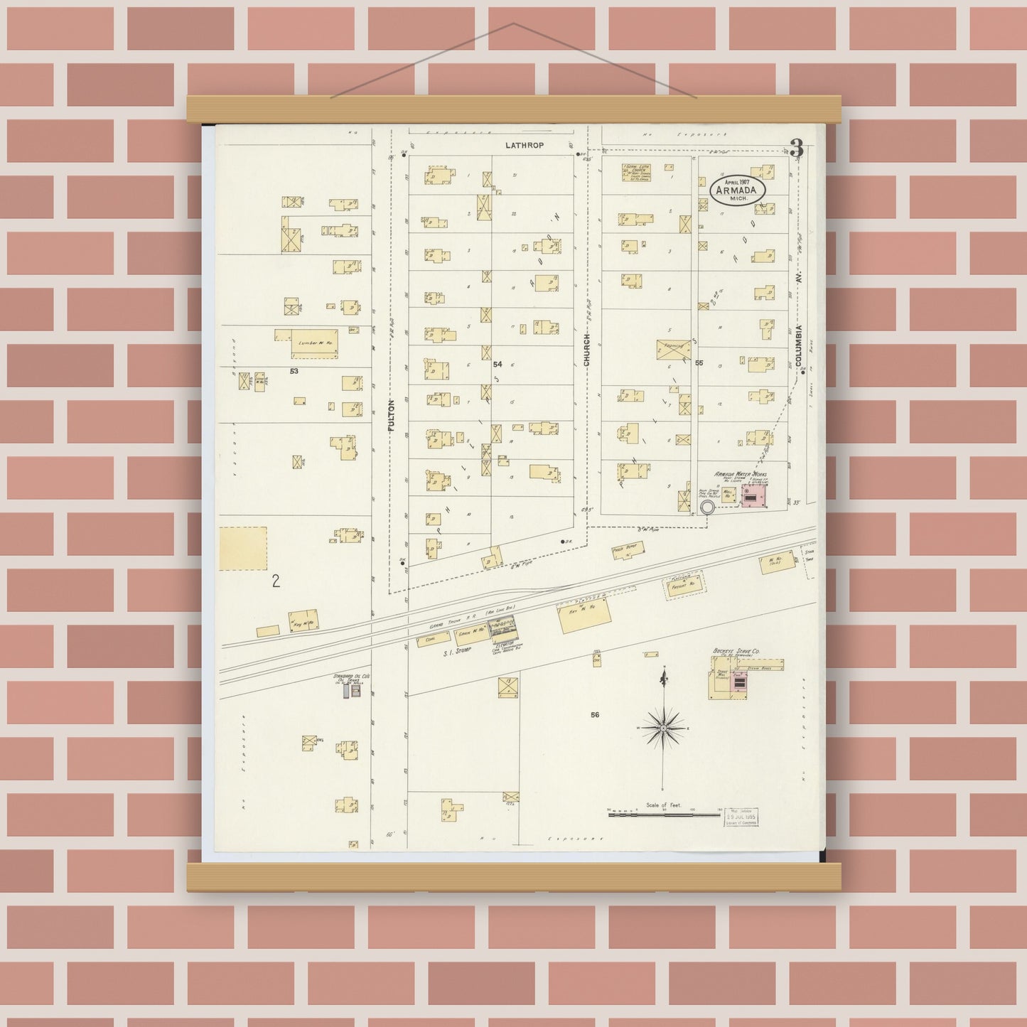 Old map wall art mockup — magnetic wood frame on brick wall — Sanborn Fire Insurance Map from Armada, Macomb County, Michigan (1907), Sheet #0003