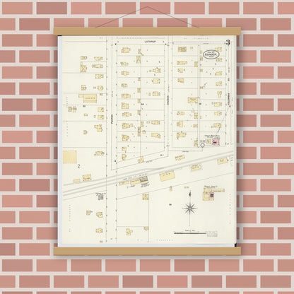 Old map wall art mockup — magnetic wood frame on brick wall — Sanborn Fire Insurance Map from Armada, Macomb County, Michigan (1907), Sheet #0003