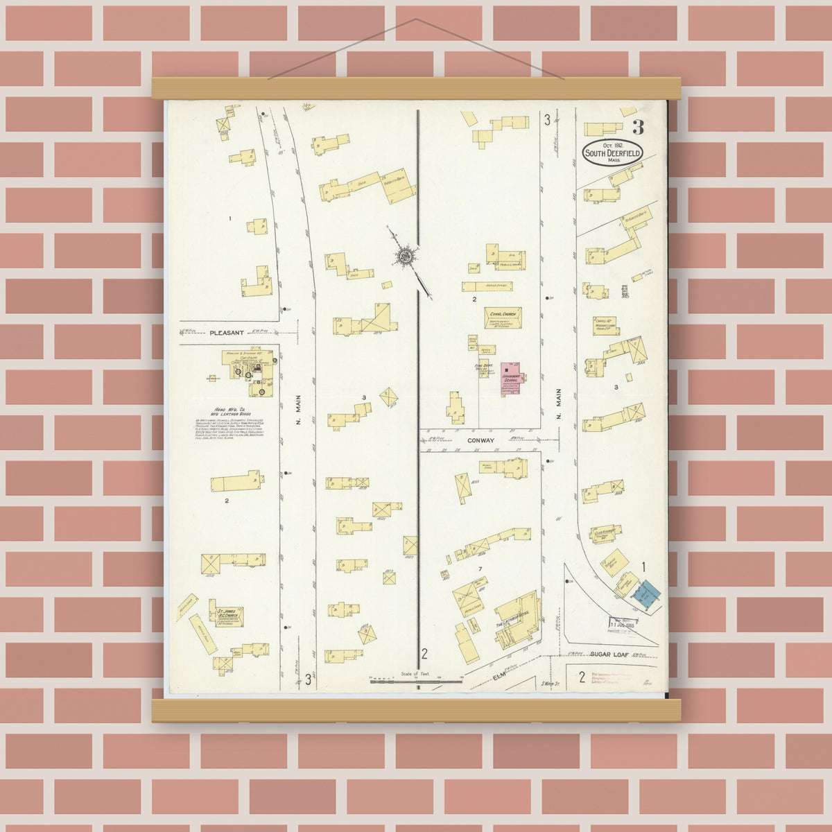 Old map wall art mockup — magnetic wood frame on brick wall — Sanborn Fire Insurance Map from South Deerfield, Franklin County, Massachusetts (1912), Sheet #0003